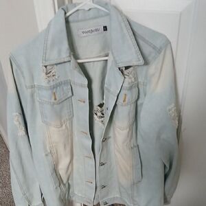 Trendy Light Blue Distressed Denim Jacket